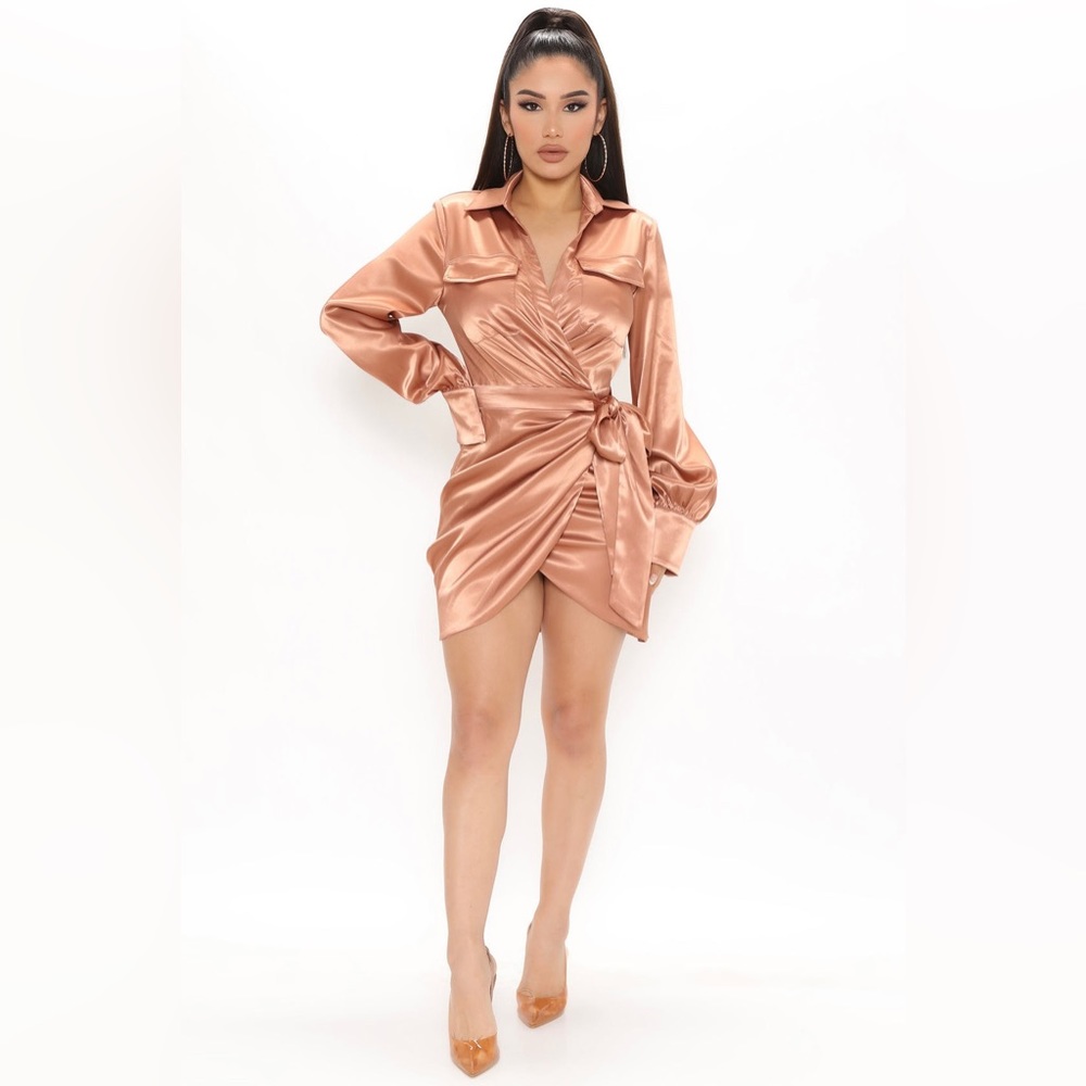 Fashion Nova Shimmering Copper Wrap Mini Dress